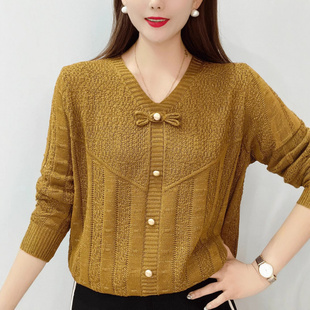 春秋季新款针织衫洋气宽松百搭毛衣蝴蝶结长袖妈妈镂空打底上衣女