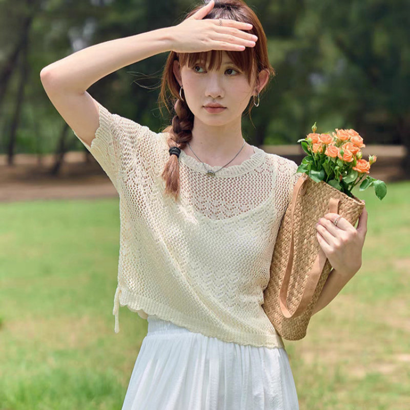 新款法式温柔杏色冰丝针织短袖女夏薄款宽松抽绳镂空罩衫上衣外搭,女装/女士精品,时尚防晒服,淘宝优惠券,粉丝福利购,淘宝优惠卷