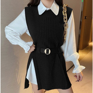 2025早春新款套装女韩版显瘦中长款衬衫系带收腰针织马甲两件套女