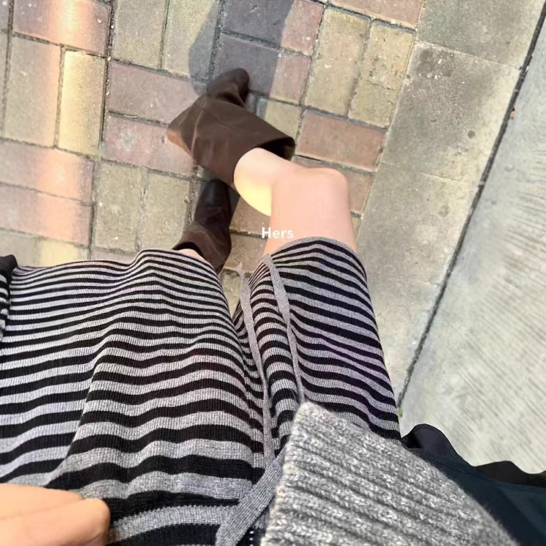 秋冬休闲风条纹针织阔腿裤高腰松