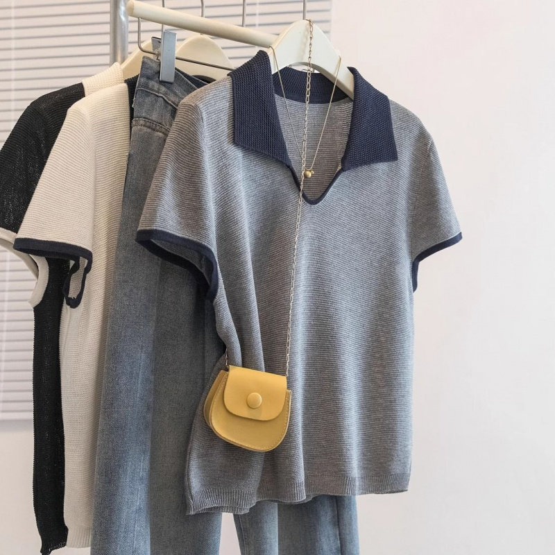 韩系穿搭撞色polo领针织短袖t恤