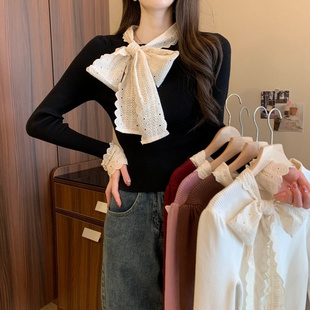 拼接蕾丝蝴蝶结围巾领长袖针织衫女春季短款修身显瘦打底衫上衣女