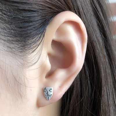 925纯银V字仇杀队面具男生耳钉哥特式朋克风嘻哈摇滚女孩耳环耳饰
