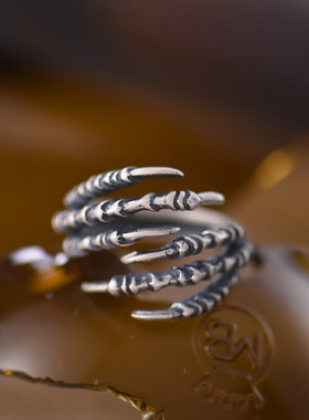 DARK DREAM 925通体纯银嘻哈男孩鹰爪戒指个性朋克女生六爪戒泰银