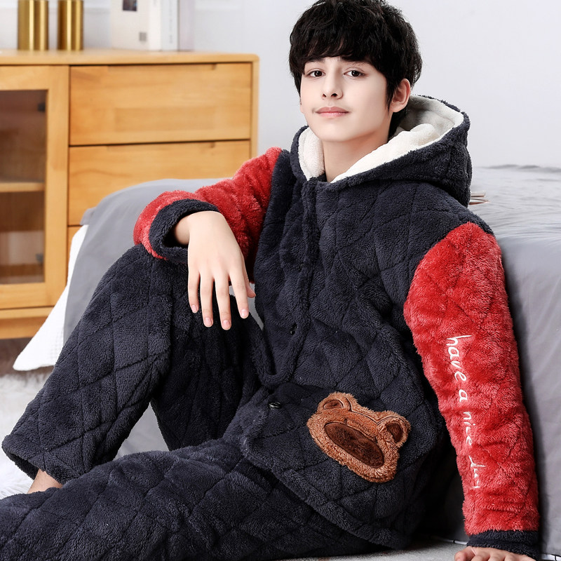 夹棉珊瑚绒睡衣冬男孩子中大童三层加厚夹棉加厚连帽家居服男学生