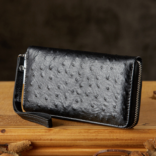 手工真皮男士长款钱包头层牛皮手拿包鸵鸟纹时尚休闲皮卡包男款潮