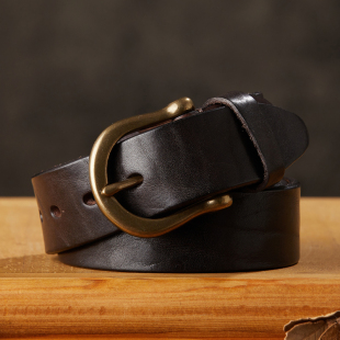 手工加厚头层牛皮男士 带 皮带休闲复古纯铜针扣腰带真皮百搭牛仔裤