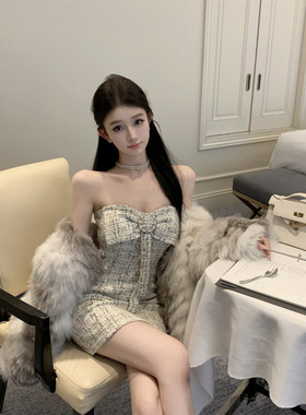 法式小香风蝴蝶结设计感抹胸连衣裙春秋季新款时尚纯