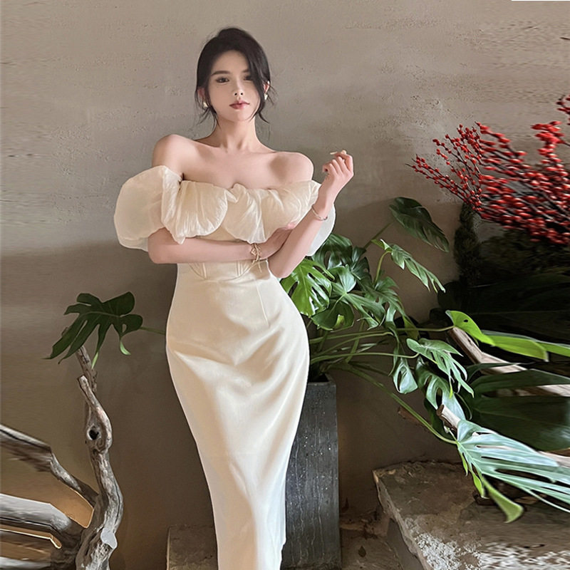 法式小众一字肩抹胸连衣裙女夏季拼接收腰气质中长款裙子