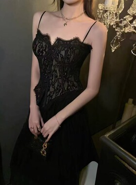 1960夏季新款美式纯欲辣妹风带胸垫背心吊带鱼骨掐腰显瘦蕾丝抹胸