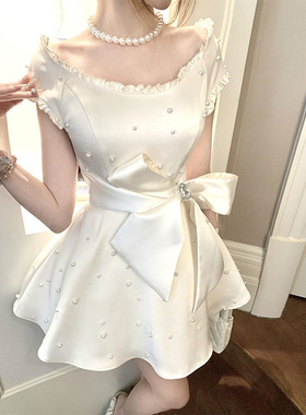 法式甜美千金高级感钉珠蝴蝶结连衣裙女夏季气质收腰显瘦公主短裙