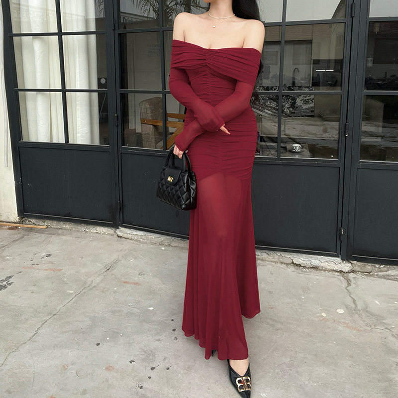 法式设计感设计感一字领抹胸连衣裙长裙 夏季修身包臀鱼尾裙