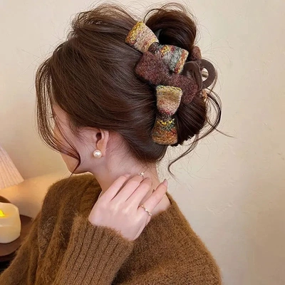 雪松焦糖头发抓夹女毛呢蝴蝶结