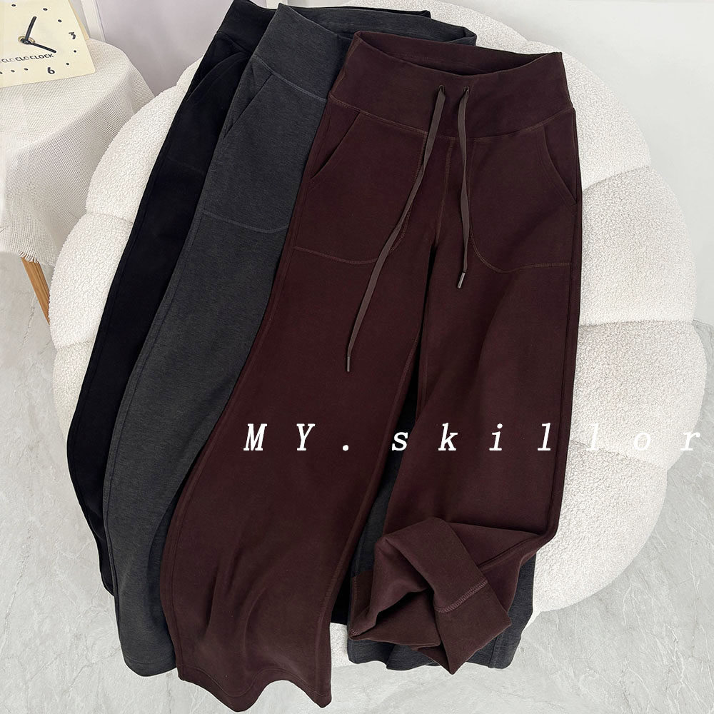 Throwbac款女士高腰瑜伽运动长裤休闲百搭秋冬加厚羊毛直筒阔腿裤 - 沐岩家外贸店出品