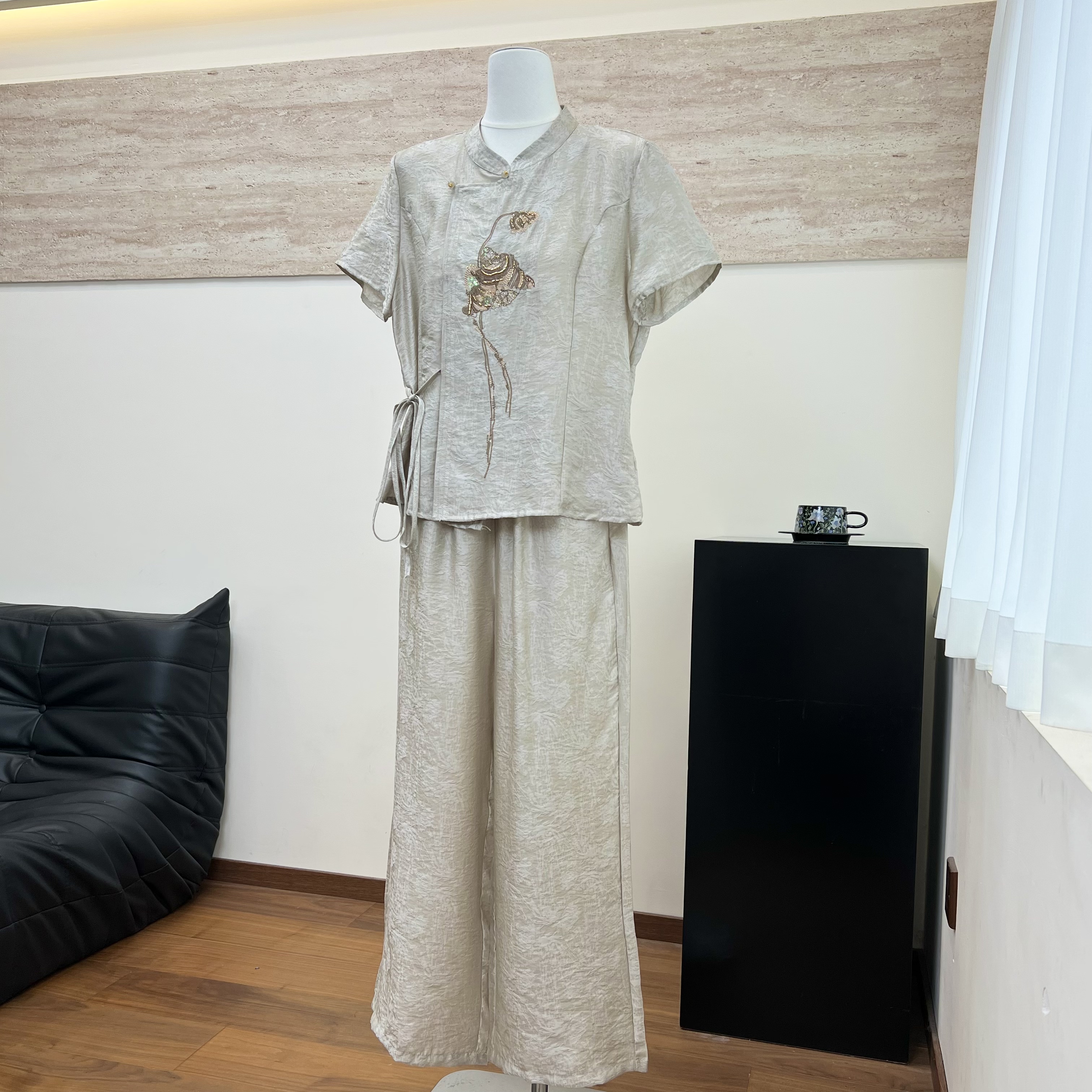 妈妈装夏季短袖翻领开衫套装