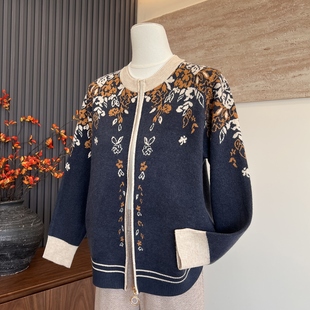妈妈装新款秋季针织开衫拉链长袖上衣中老年女士复古时尚毛衣外套