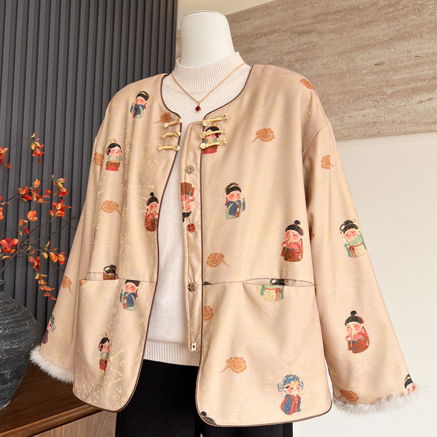 时尚新中式妈妈装冬季圆领洋气加绒加厚棉服中老年女保暖奶奶外套