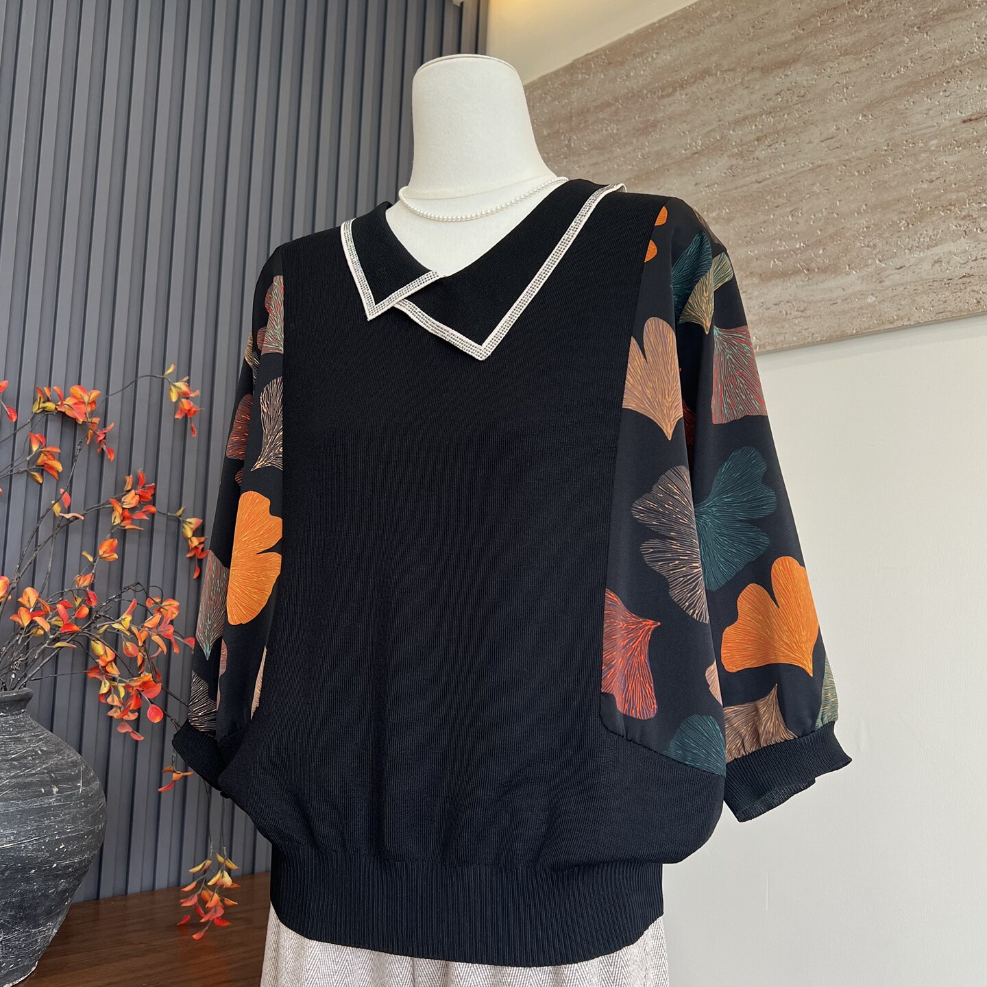 时尚洋气新款妈妈装春季七分纱袖T恤小衫中老年女士翻领显瘦上衣