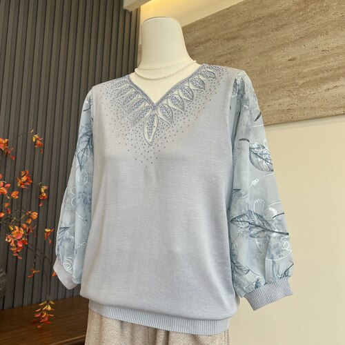 妈妈装V领七分袖针织春夏季上衣