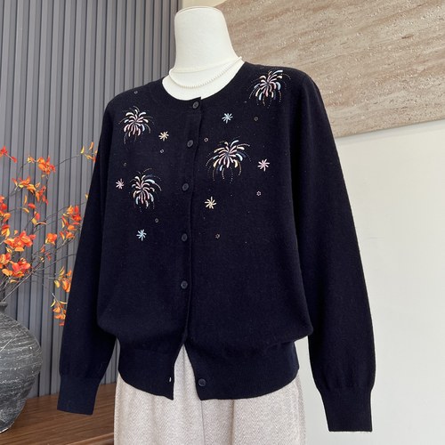 妈妈装冬100%纯羊毛圆领针织开衫