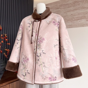 新中式妈妈装新款冬季加厚中长款开衫中老年女士气质皮毛一体外套