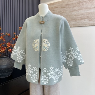 新中式妈妈装秋冬针织上衣内搭国风外套真两件中老年女奶奶款套装