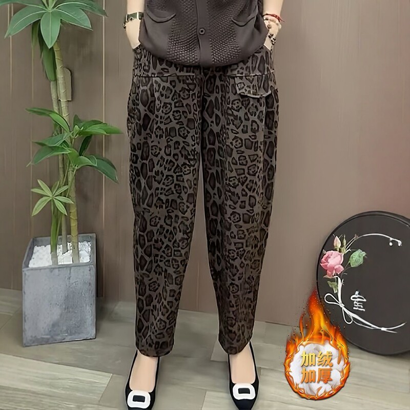 妈妈裤子秋冬新款加绒加厚豹纹休闲裤女宽松显瘦百搭松紧腰哈伦裤