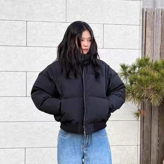 韩国小众 jennie同款 百搭黑色拉链外套羽绒服立领面包服