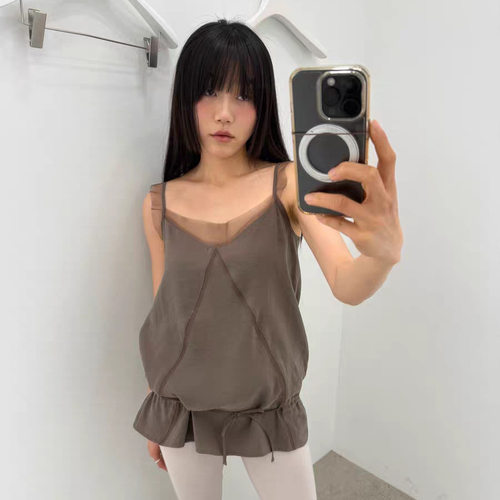 春季新韩国东大门纯色V领显瘦蕾丝荷叶边无袖吊带背心上衣