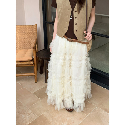 韩系重工松紧腰蛋糕裙女春季新款宽松网纱压褶杏色半身裙长裙