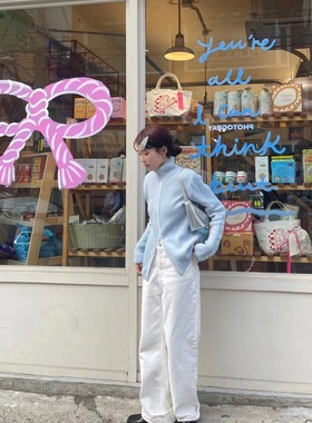 新版韩国小众 Matinkim 坑条字母提花半高领针织开衫毛衣外套