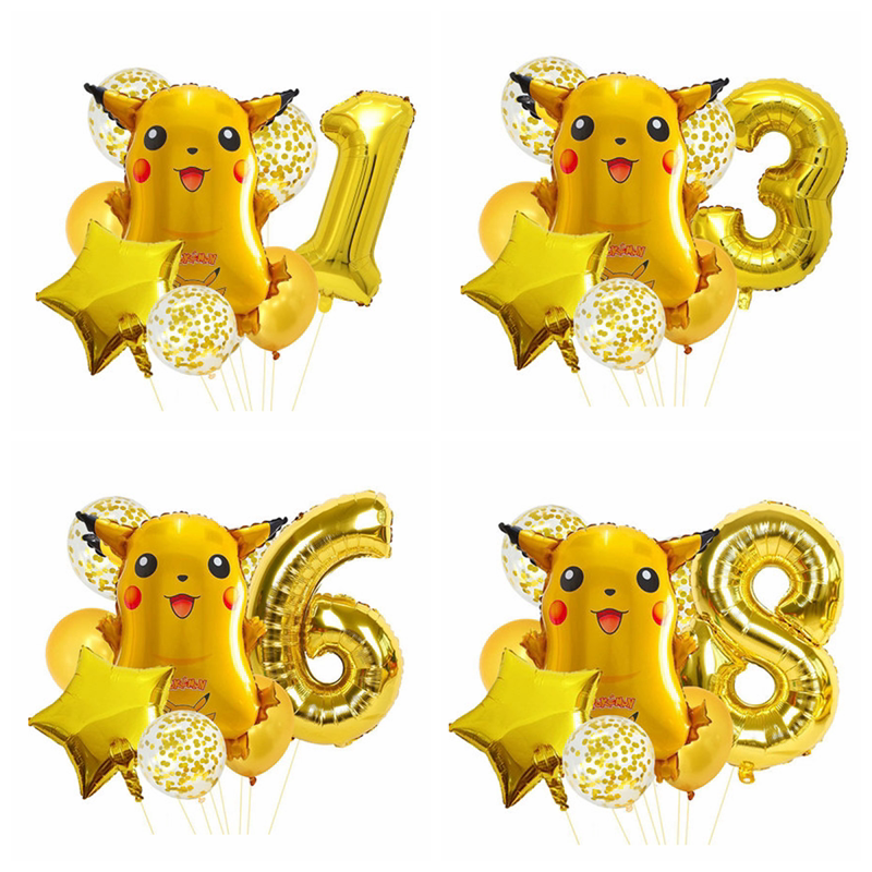 皮卡丘五角星数字卡通铝膜组合气球男女宝贝生日布置圆形亮片气球