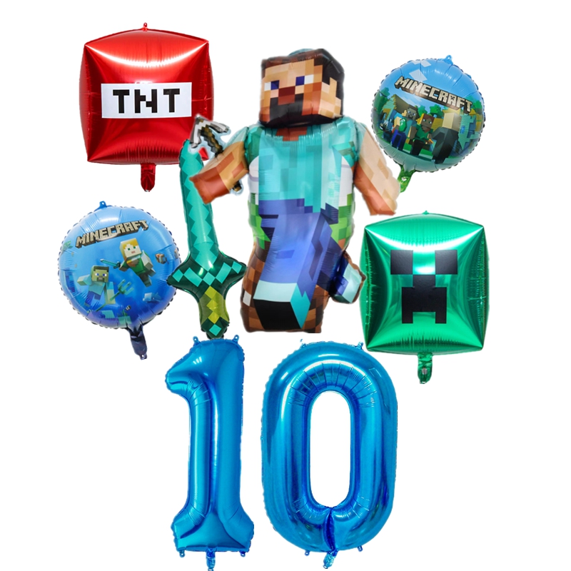 我的世界游戏主题气球男孩10周岁生日布置蓝色大数字宝剑组合汽球