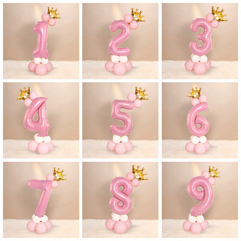 六一儿童节32寸粉色数字立柱女孩公主周岁生日布置装饰乳胶气球