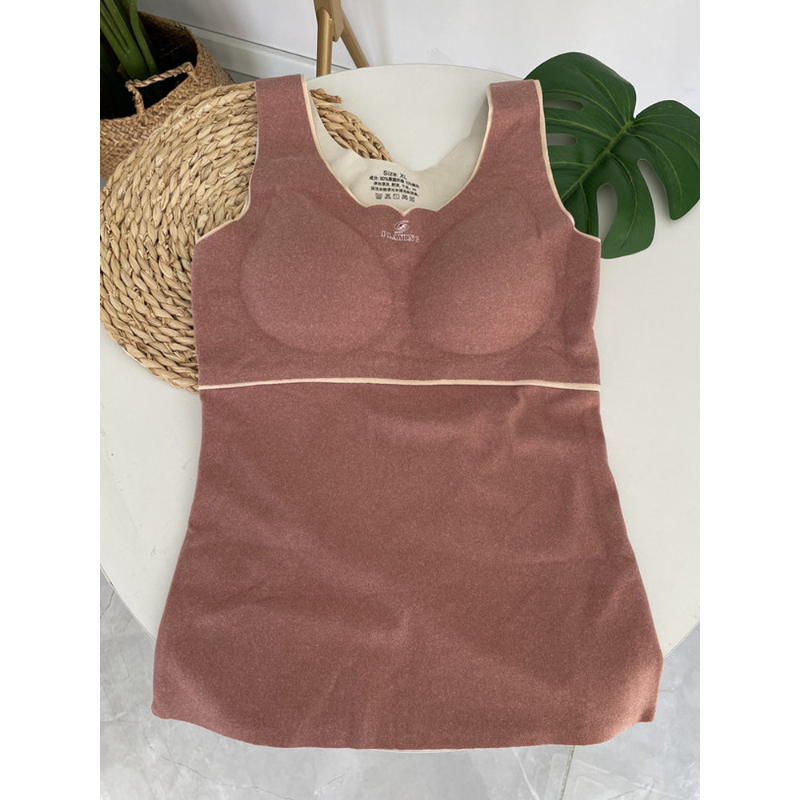 德绒大码保暖背心女加绒加厚发热打底内衣带胸垫文胸一体式秋冬款