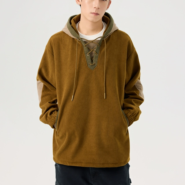 WANLEGETU美式复古套头连帽抓绒男士卫衣灯芯绒加绒保暖男装帽衫