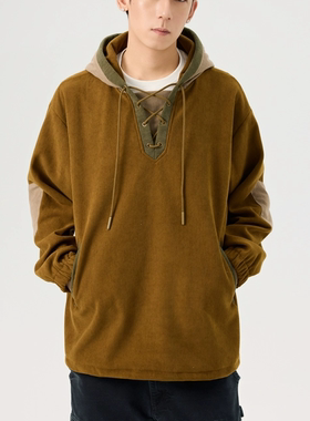 WANLEGETU美式复古套头连帽抓绒男士卫衣灯芯绒加绒保暖男装帽衫