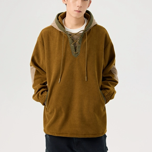 WANLEGETU美式复古套头连帽抓绒男士卫衣灯芯绒加绒保暖男装帽衫