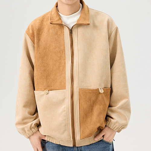 WANLEGETU日系复古潮流男士麂皮撞色翻领夹克衫潮牌大码男装外套