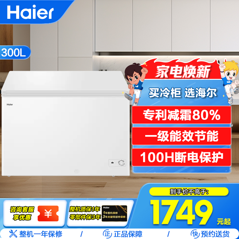 海尔300L冷柜家用全冷冻冷藏两用卧式冰柜全冷冻减霜商用雪糕冰箱