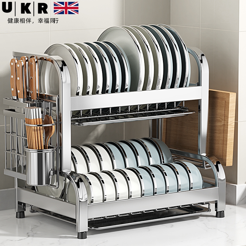 英国正品304不锈钢厨房置物架免打孔放碗盘柜双层多功能沥水架287