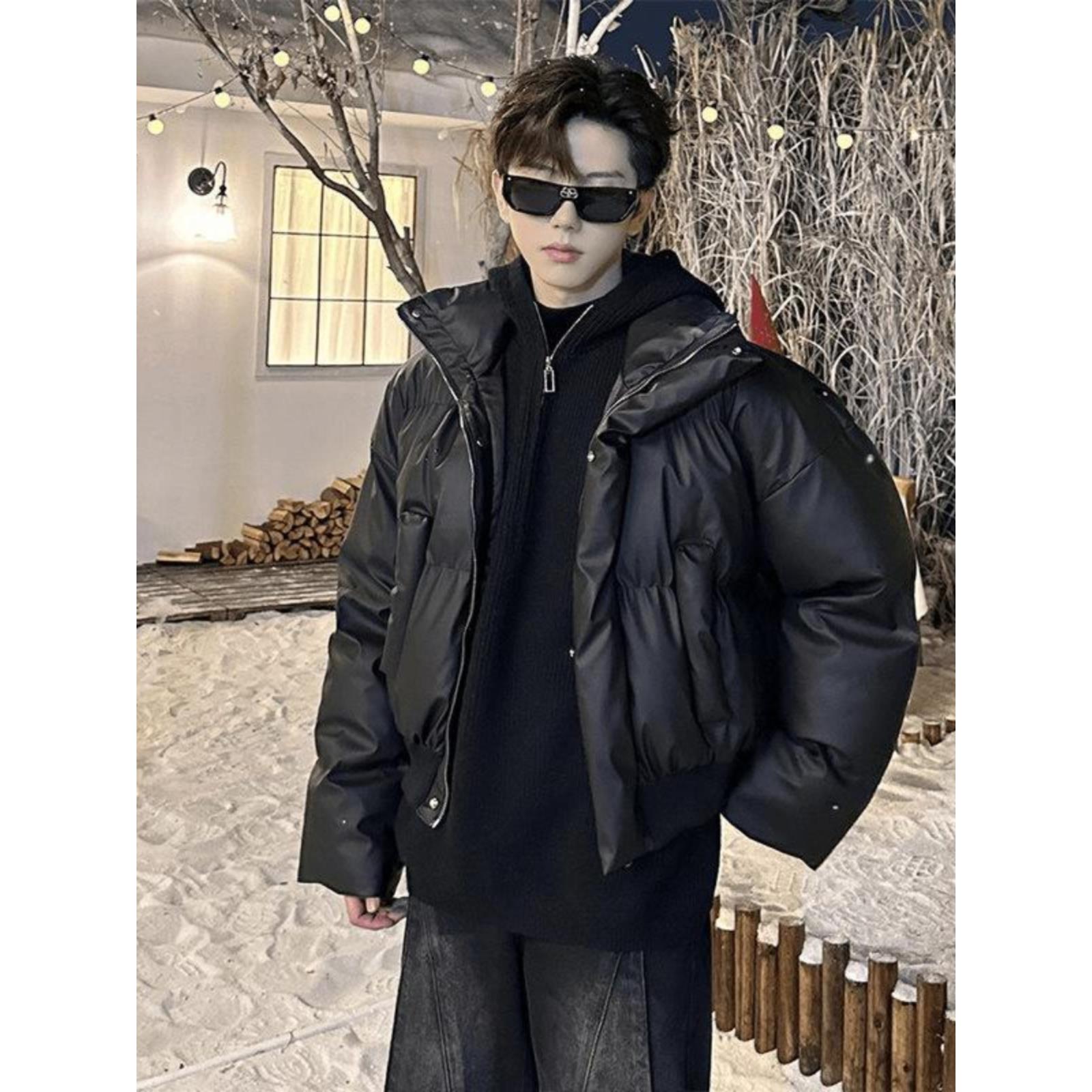 美式PU皮立领短款羽绒服男士加厚保暖棉服外套冬季ootd穿搭面包服