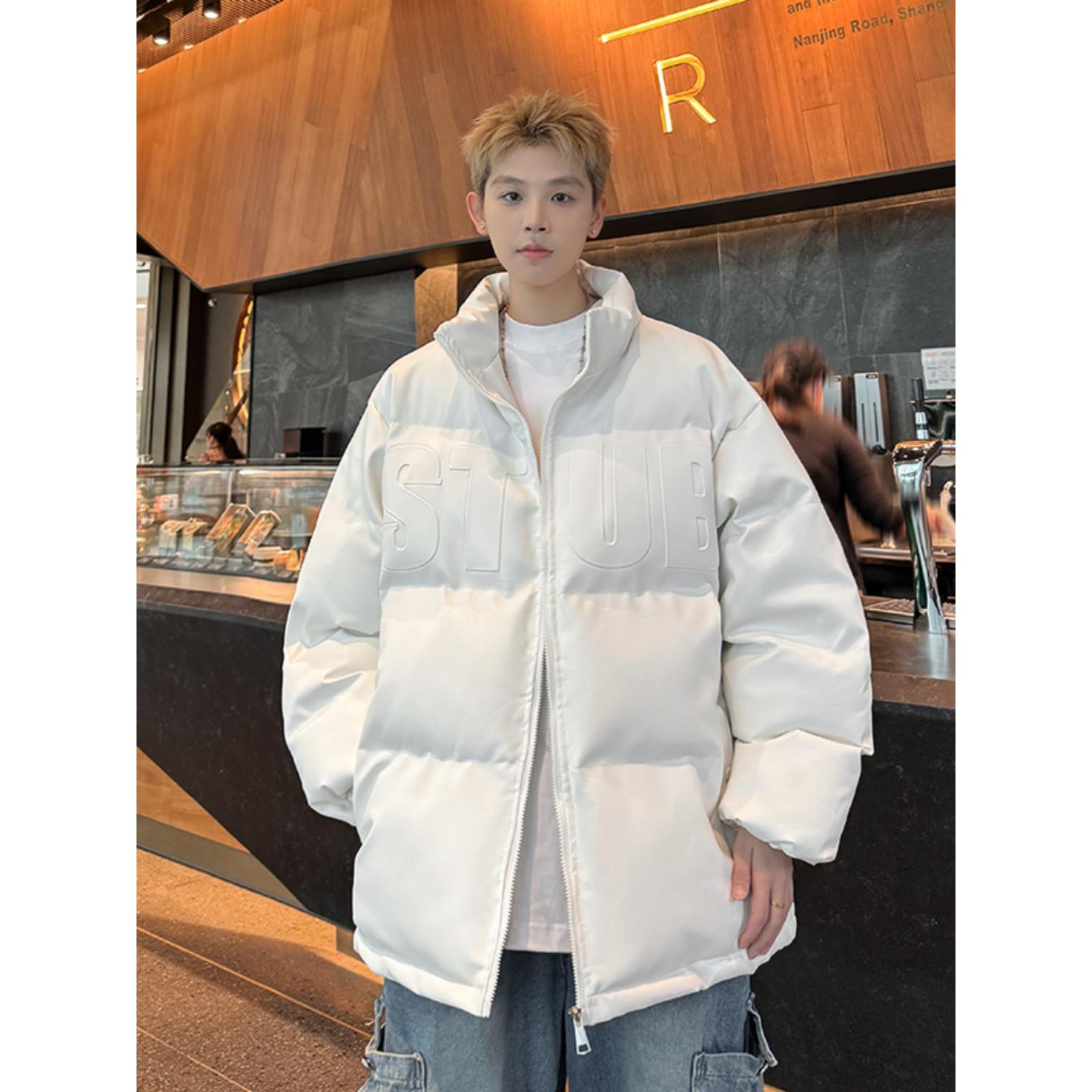 字母钢印花PU皮羽绒服男冬季加厚保暖棉服外套短款情侣面包服