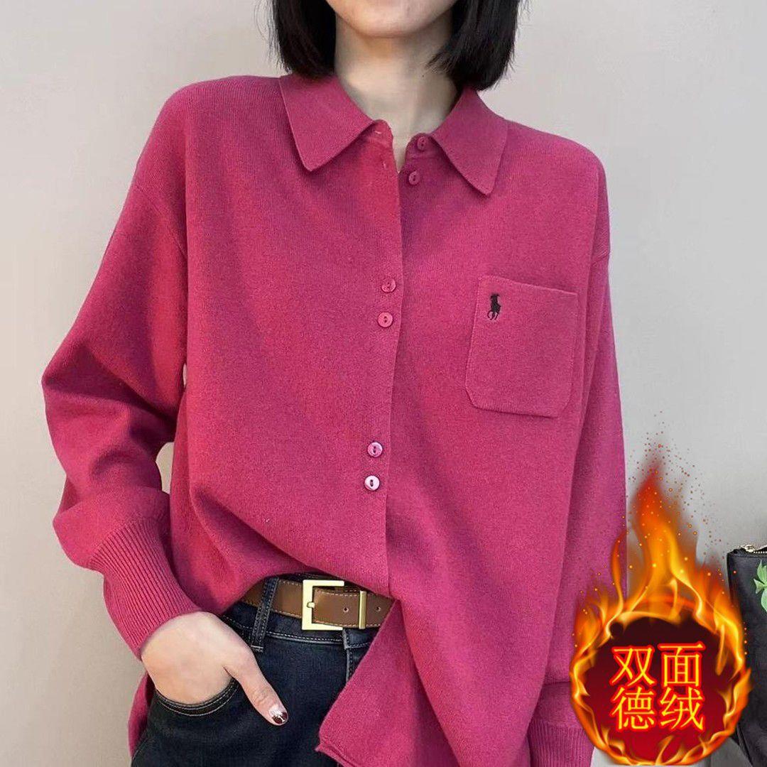 双面德绒polo衫衬衣秋冬新款设计感小众加绒加厚中长款衬衫上衣女