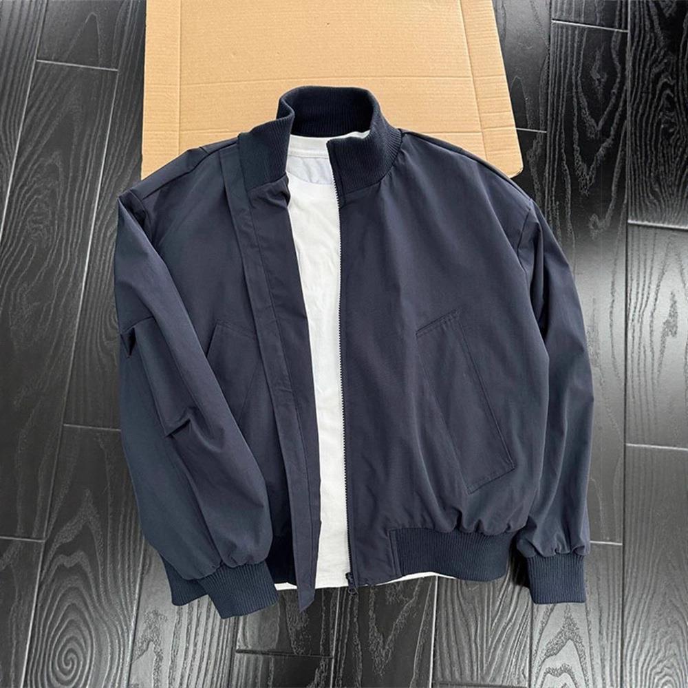 藏蓝色美式飞行夹克男秋季感工装棒球服潮牌cleanfit立领外套