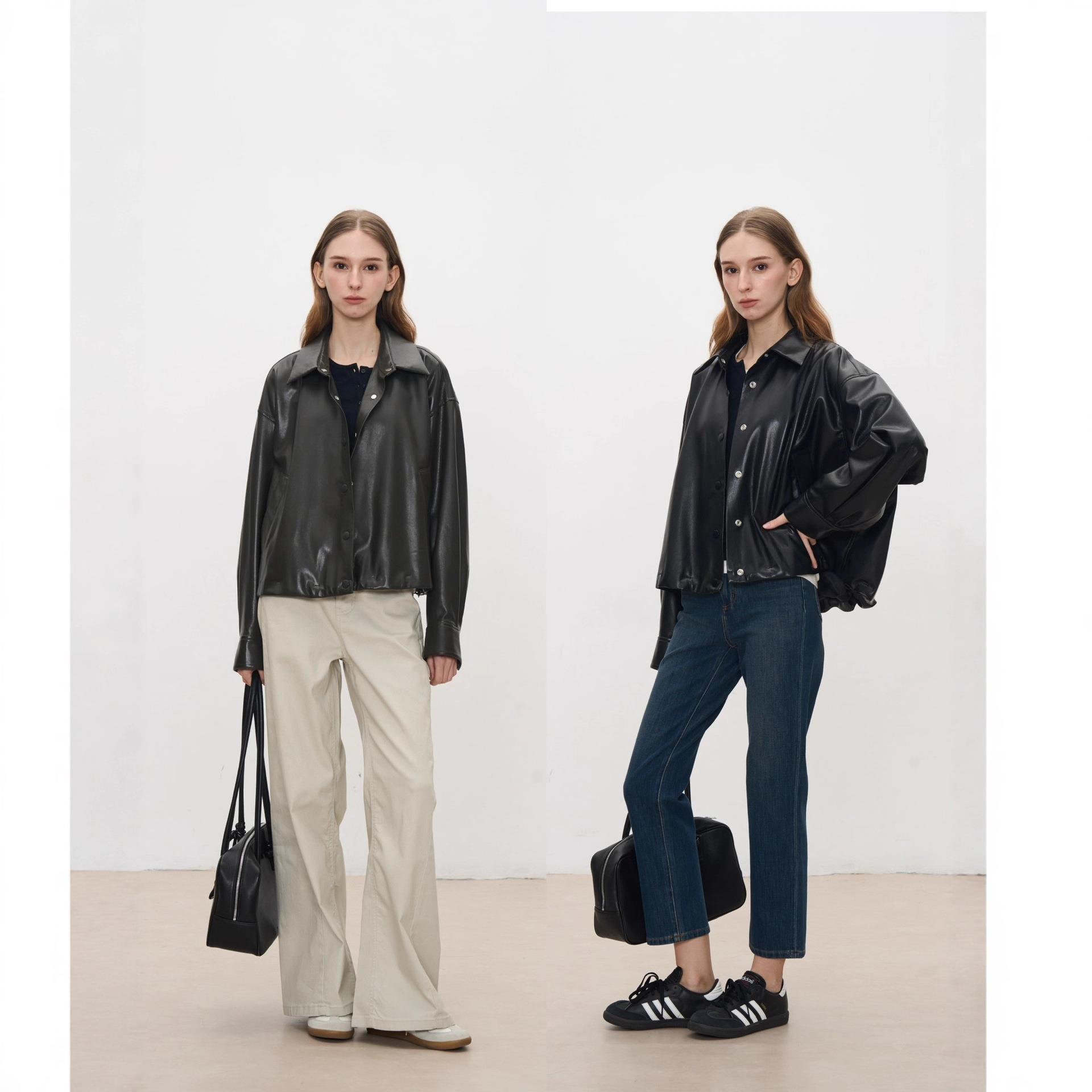 帅气摇滚风！柔软Q弹蛋白皮~抽绳设计 兜量感短款皮衣夹克G101522