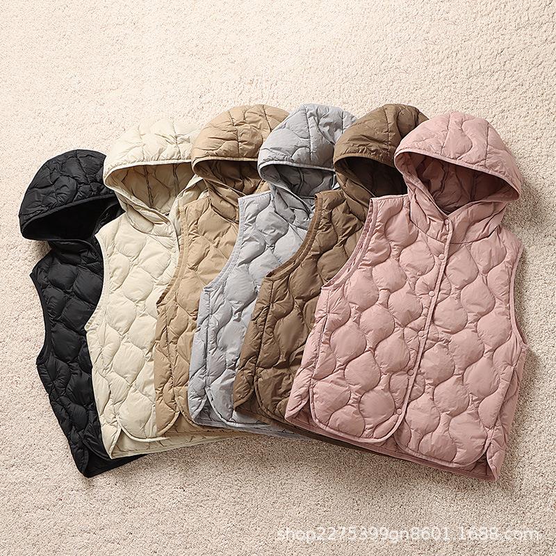 2025新款连帽羽绒背心菱形格马甲外套女秋冬季轻薄打底内搭白鸭绒