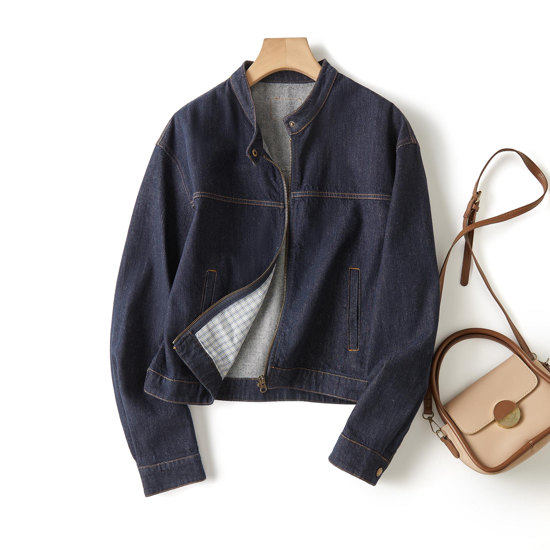 帅气百搭 色织100棉宽松显瘦落肩袖立领拉链牛仔外套早秋G082011