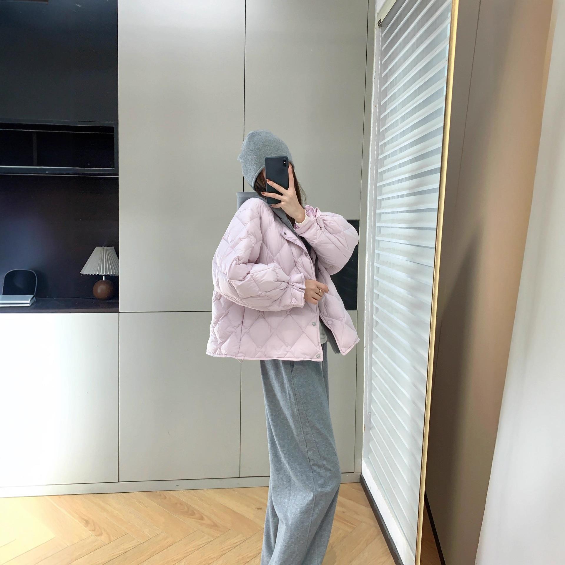 韩系~假两件连帽花苞袖90白鸭绒轻便保暖防风羽绒服外套冬G102208