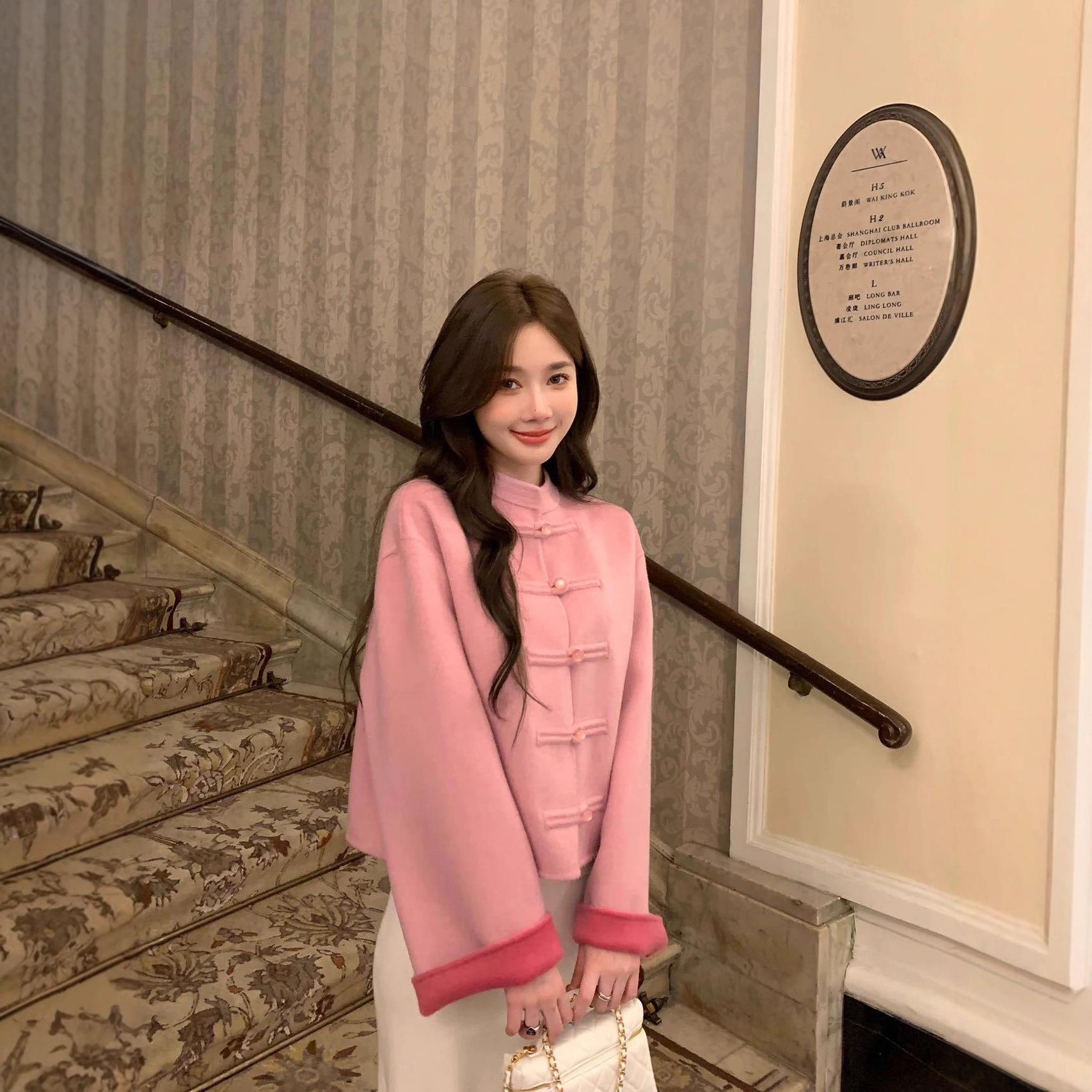 [姜妍同款]SELFWHO绵羊毛新中式大衣外套女冬国风短款上衣G110714